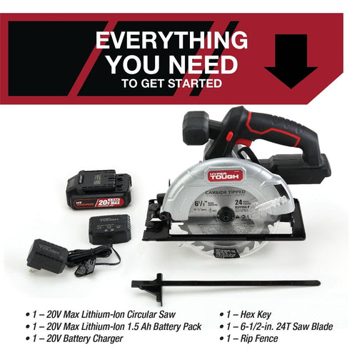 Hyper Tough 20V Max Lithium-ion Cordless 6-1/2 inch Circular Saw with 1.5Ah Lithium-ion Battery, Charger, Blade & Rip Fence, New Condition EasyOptionXY LLC