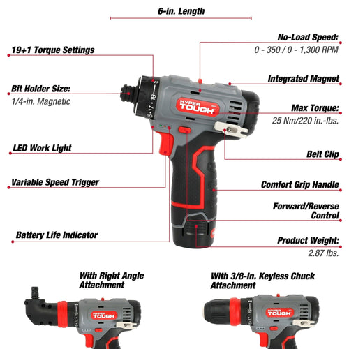 Hyper Tough 12V Max Lithium-Ion 3-in-1 Multi-Head Power Drill Set with 1.5Ah Battery and Charger, 80003 EasyOptionXY LLC