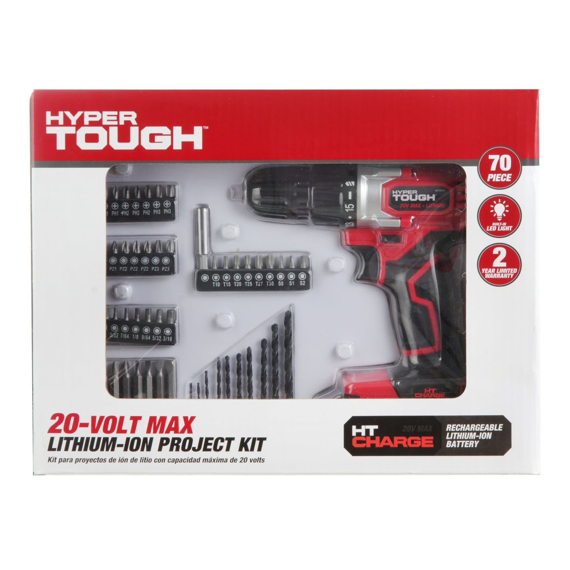 Hyper Tough 20V Max 3/8-in. Cordless Drill & 70-Piece DIY Home Tool Set Project Kit with 1.5Ah Lithium-Ion Battery & Charger, Bit Holder, LED Work Light & Storage Bag EasyOptionXY LLC