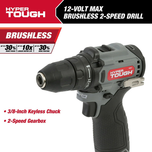 Hyper Tough 12V Max* Lithium-Ion Brushless 2-Speed 3/8-inch Drill Driver with 1.5Ah Battery & Charger, 98807 EasyOptionXY LLC