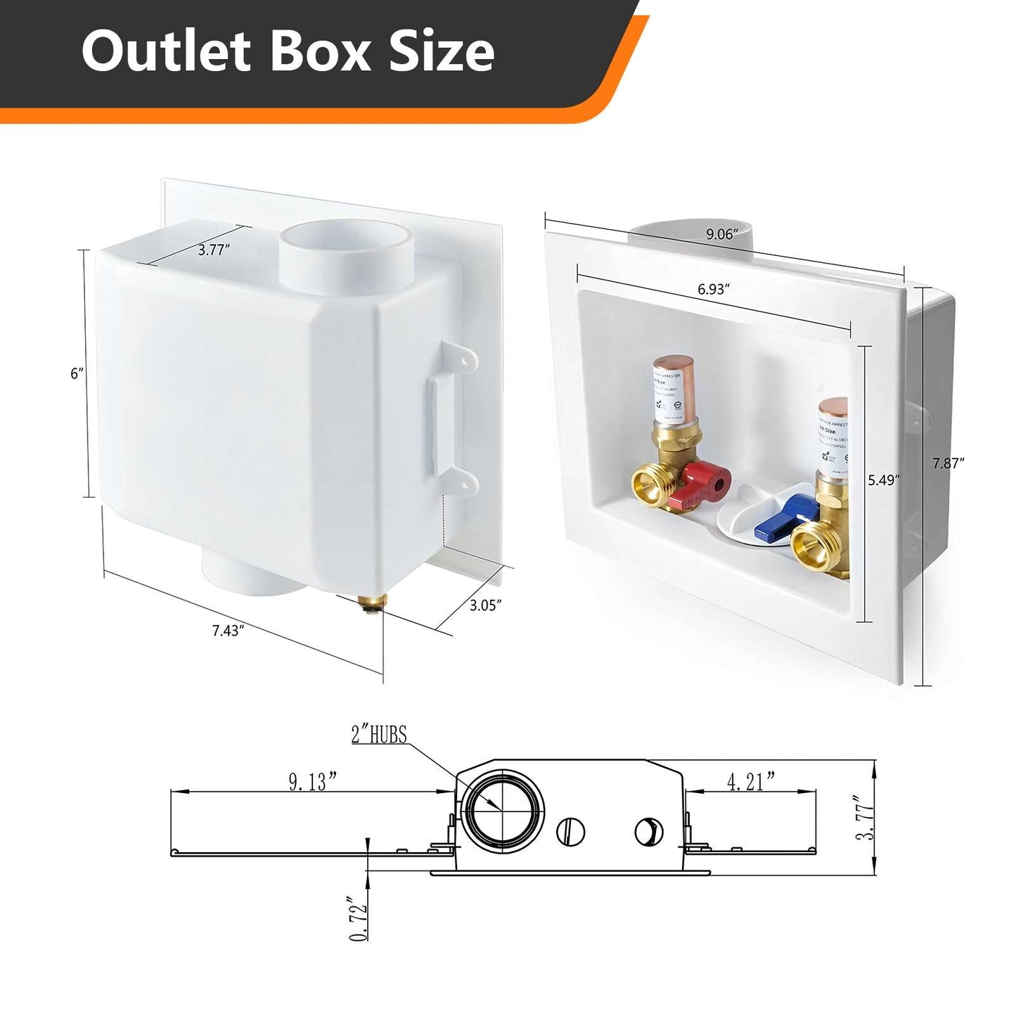 1/2" Push Fit Inlet, Washing Machine Outlet Box, with Copper Arrestor, with Center Drain