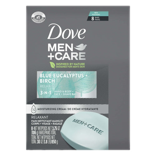 Dove Men+Care 3-in-1 Men's Dry Hand, Body, Face + Shave Bar Relaxing Blue Eucalyptus, 3.75 oz 8 Bars EasyOptionXY LLC