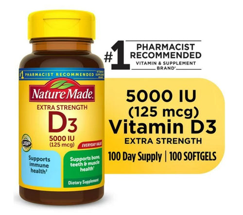 Nature Made Extra Strength Vitamin D3 5000 IU (125 mcg) Softgels, Dietary Supplement for Bone and Immune Health Support, 100 Count EasyOptionXY LLC