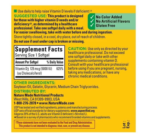 Nature Made Extra Strength Vitamin D3 5000 IU (125 mcg) Softgels, Dietary Supplement for Bone and Immune Health Support, 100 Count EasyOptionXY LLC