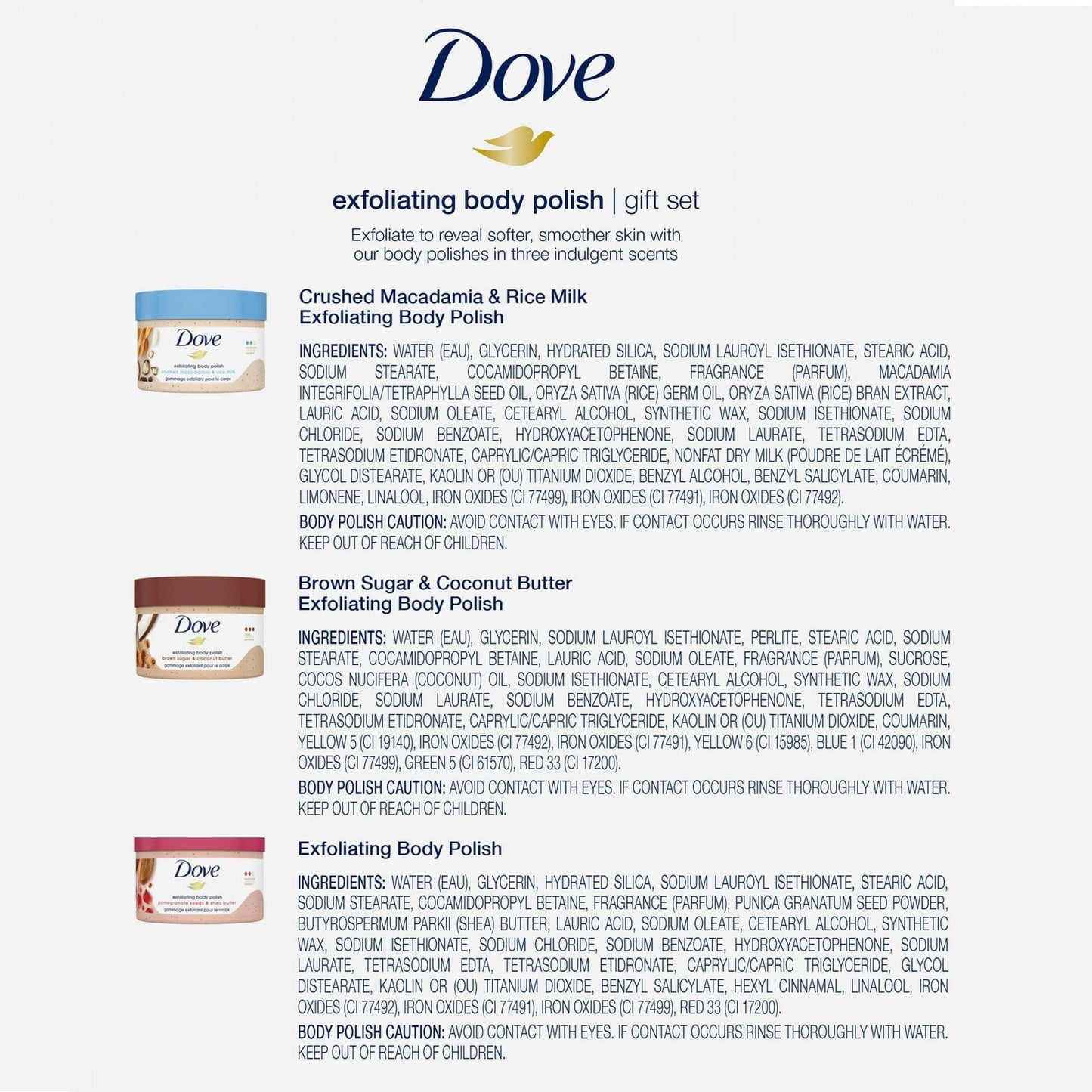 Dove Exfoliating Body Polish Gift Set, Macadamia, Brown Sugar & Coconut, and Pomegranate, 3 Count EasyOptionXY LLC