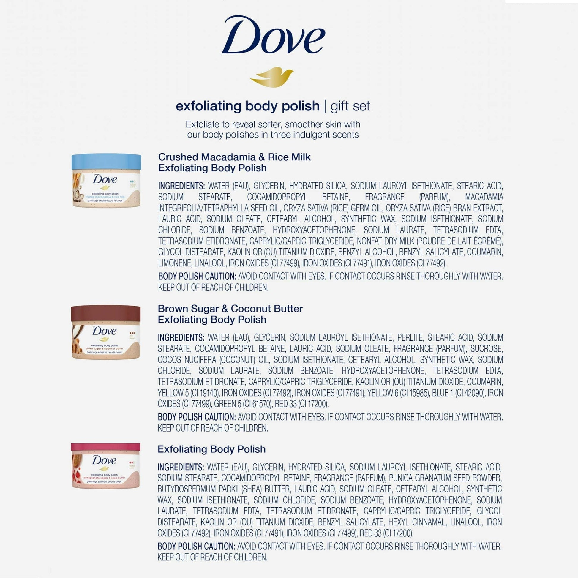 Dove Exfoliating Body Polish Gift Set, Macadamia, Brown Sugar & Coconut, and Pomegranate, 3 Count EasyOptionXY LLC