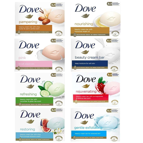 Dove Bar Soap Variety Pack of 8 - Nourishing, Refreshing, Exfoliating, Rejuvenating, Restore, Shea Butter, White, Pink - Gentle Skin Cleanser - 90g EasyOptionXY LLC