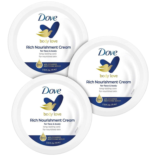 Dove Body Love Rich Nourishment Cream, Face, Hand & Body Lotion for Extremely Dry Skin, Fast-Absorbing 72-Hour Moisturizing Cream with Ceramide Serum, Travel Size, 2.53 Oz (Pack of 3) EasyOptionXY LLC