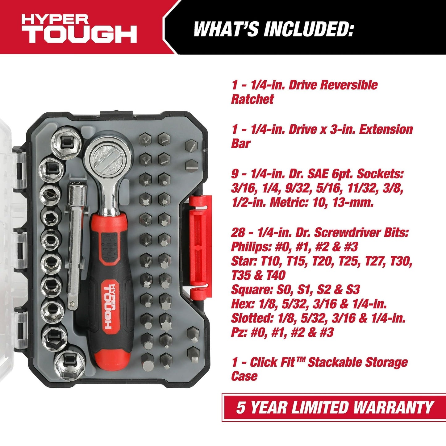 Hyper Tough 40-Piece Socket and Bit Set in Click Fit? Case, 42037CF EasyOptionXY LLC