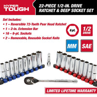 Hyper Tough 22-Piece 1/2-inch Drive Ratchet and Deep Socket SAE and Metric Set EasyOptionXY LLC