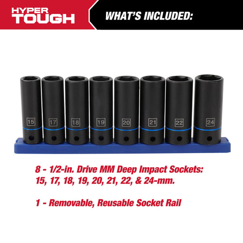 Hyper Tough 9-Piece, 1/2-inch mm, Deep Drive Impact Socket Set for Automotive and DIY projects, 41046 EasyOptionXY LLC