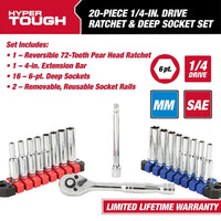 Hyper Tough 20-Piece 1/4-inch Drive Ratchet and Deep Socket Set, SAE and Metric Sockets EasyOptionXY LLC