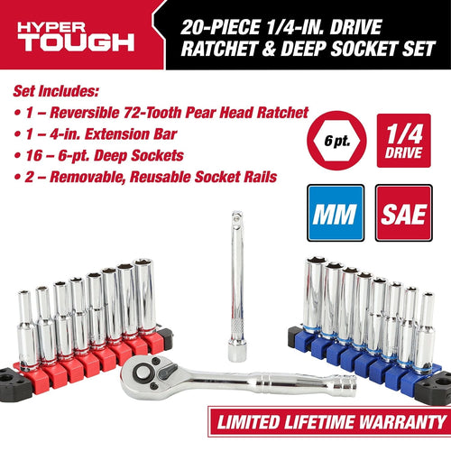 Hyper Tough 20-Piece 1/4-inch Drive Ratchet and Deep Socket Set, SAE and Metric Sockets EasyOptionXY LLC