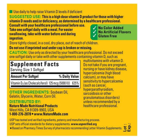 Nature Made Extra Strength Vitamin D3 5000 IU (125 mcg) Softgels, Dietary Supplement for Bone and Immune Health Support, 100 Count EasyOptionXY LLC