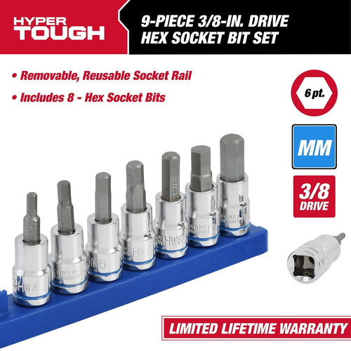 Hyper Tough 9-Piece 3/8-inch Drive, Metric Hex Socket Bit Set for Automotive and DIY Projects, 6568 EasyOptionXY LLC