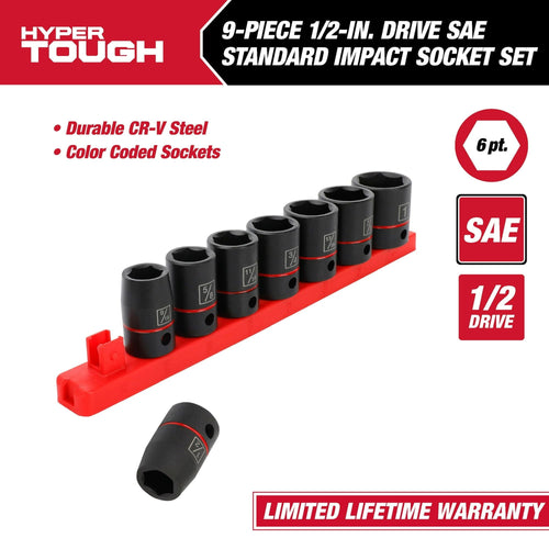 Hyper Tough 9-Piece 1/2-Inch Standard Drive Impact Socket Set SAE, 43004 EasyOptionXY LLC