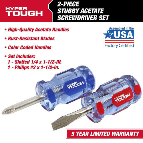 Hyper Tough 2-Piece Stubby Acetate Handle Screwdriver Set, #2 Philips x 1-1/2-Inch and a 1/4-Inch Slotted x 1-1/2-Inch, Gift of Mom EasyOptionXY LLC