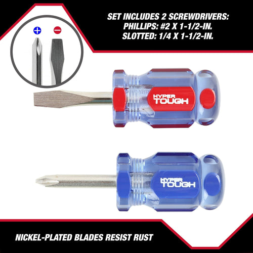 Hyper Tough 2-Piece Stubby Acetate Handle Screwdriver Set, #2 Philips x 1-1/2-Inch and a 1/4-Inch Slotted x 1-1/2-Inch, Gift of Mom EasyOptionXY LLC