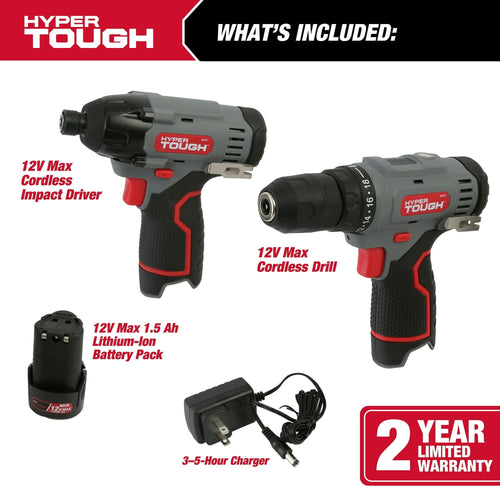 Hyper Tough 12V Max* Cordless 2-Tool Drill and Impact Driver Combo Kit, 3/8-inch keyless chuck, 98936, New EasyOptionXY LLC