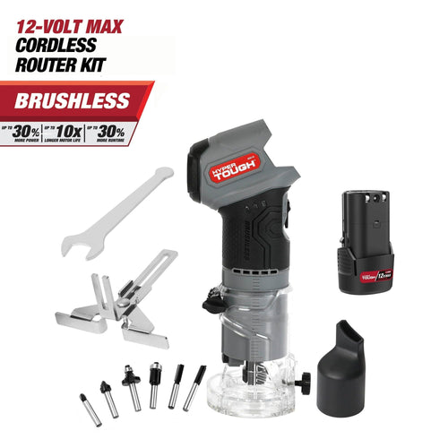 Hyper Tough 12V Max* Brushless Palm Edge Router with 1.5Ah Battery and Charger and Hyper Tough 12Volt 3-inch Disc Brushless Cut-off Tool, 1.5 AH Battery Bundle EasyOptionXY LLC