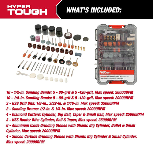 Hyper Tough 200-Piece Rotary Accessory Kit in Click Fit? Case, 42986CF, New EasyOptionXY LLC