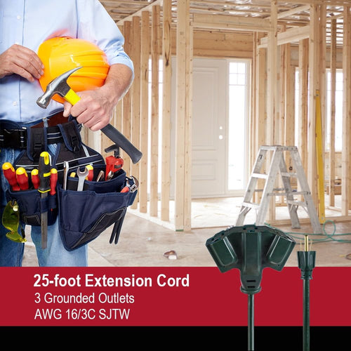 Hyper Tough 25FT 16AWG 3 Prong Green Triple Outlet Outdoor Extension Cord, 13 amps EasyOptionXY LLC