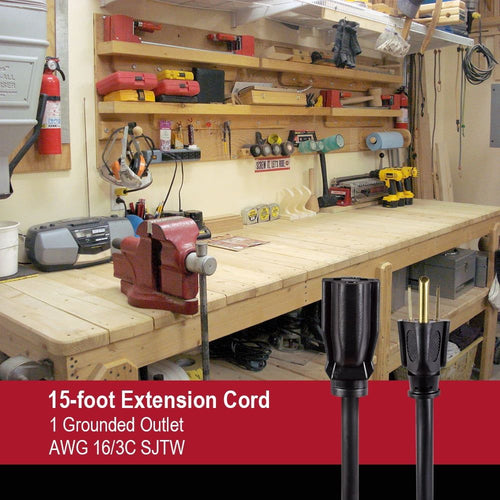 Hyper Tough 15FT 16AWG Black for Outdoor/Indoor Use Single Outlet Extension Cord EasyOptionXY LLC