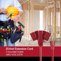 Hyper Tough 25FT 14AWG 3 Prong Red Triple Outlet Outdoor Extension Cord, 15 amps EasyOptionXY LLC