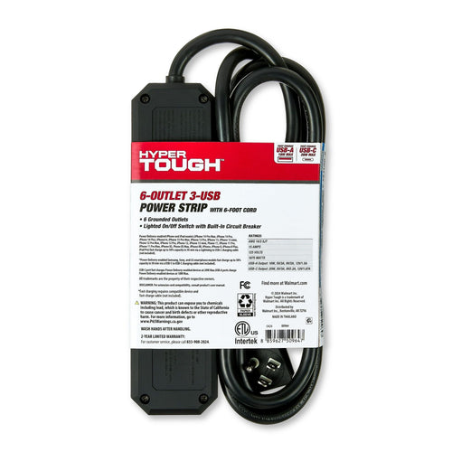 Hyper Tough 6-Outlet 3-USB Indoor Power Strip, Black, 6' Cord, 15 amps EasyOptionXY LLC