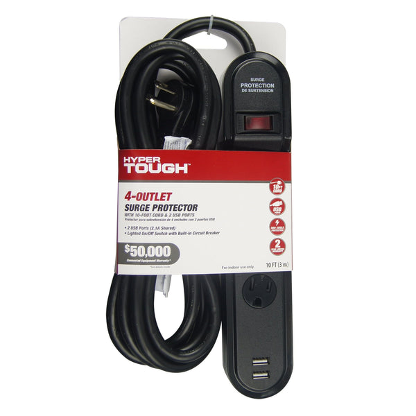 Hyper Tough 4-Outlet 10ft Surge 900-Joule Protection with 2 USB, Black EasyOptionXY LLC
