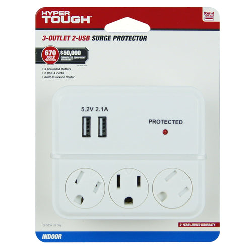 Hyper Tough Indoor 3-Outlet Surge Tap with 2 USB Ports, 15 Amps, White EasyOptionXY LLC