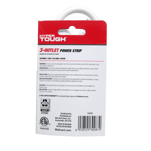 Hyper Tough 3 Outlets Power Strip with 6 Awg 1Ft. Cord, White Color, 125V, 13A EasyOptionXY LLC