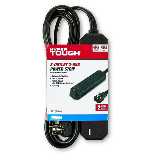Hyper Tough 3-Outlet 2-USB Indoor Power Strip, Black, 6' Cord, 15 Amps EasyOptionXY LLC