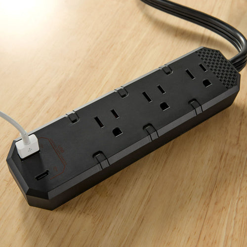 Hyper Tough 3-Outlet 2-USB Indoor Power Strip, Black, 6' Cord, 15 Amps EasyOptionXY LLC
