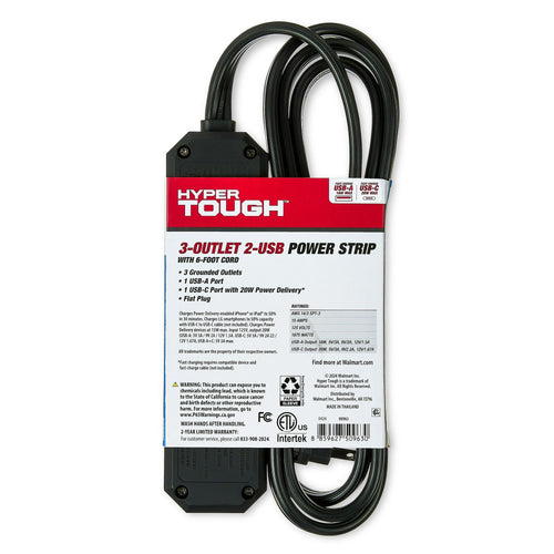 Hyper Tough 3-Outlet 2-USB Indoor Power Strip, Black, 6' Cord, 15 Amps EasyOptionXY LLC
