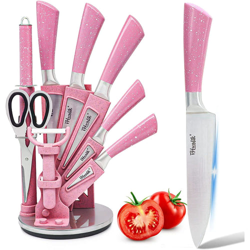 Kitchen Knife Set, 9PC Pink Wheat Straw Sharp Cooking Knife Set with Acrylic Stand, Stainless Steel Non-stick Chef with Comfortable Handle for Slicing Cutting Peeling Chopping EasyOptionXY LLC