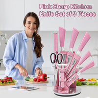 Kitchen Knife Set, 9PC Pink Wheat Straw Sharp Cooking Knife Set with Acrylic Stand, Stainless Steel Non-stick Chef with Comfortable Handle for Slicing Cutting Peeling Chopping EasyOptionXY LLC