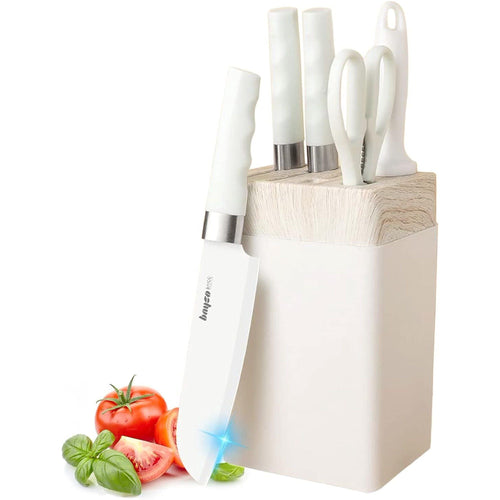 Knife Set for Kitchen, 6-Pieces White Non-stick Stainless Steel Knife Block Set, Ultra Sharp Kitchen Knife Set with Accessories for Cutting Slicing Dicing Chopping EasyOptionXY LLC