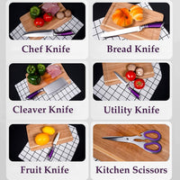 Kitchen Knife Set, 9-Pieces Purple Professional Chef Knife Set with Hollow Handle, Ultra Sharp Stainless Steel Knife Block Set with Accessories for Cutting Slicing Dicing Chopping EasyOptionXY LLC