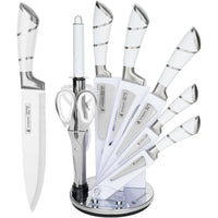 Kitchen Knife Set, 9-Piece White Sharp Non-Stick Coated Chef Knives Block Set,Stainless Steel Knife Set for Kitchen with Sharpener for Cutting Slicing Dicing Chopping EasyOptionXY LLC