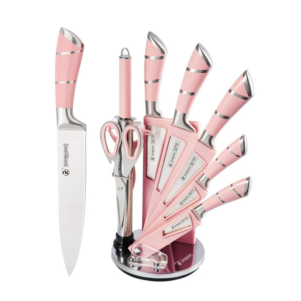 Kitchen Knife Set, 9-Pieces Pink Sharp Non-Stick Coated Chef Knives Block Set ,Stainless Steel Knife Set for Kitchen with Sharpener for Cutting Slicing Dicing Chopping EasyOptionXY LLC