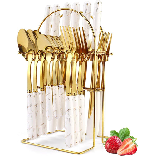 Gold Silverware Set, 24 Pieces Flatware Set with Silverware Holder, Stainless Steel Knives Forks Spoons Cutlery Set Service for 6, Kitchen Utensil Tableware Set with Pink Handle EasyOptionXY LLC