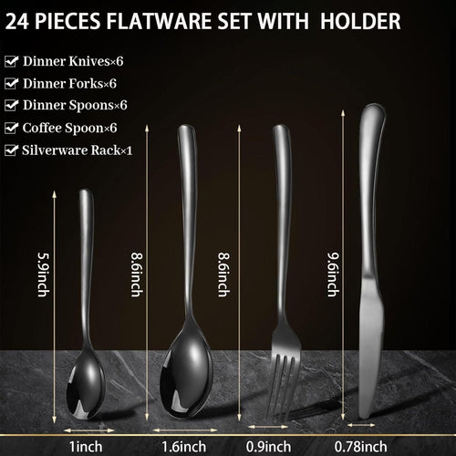 24 Pieces Flatware Set, Stainless Steel Cutlery Set with Silverware Holder, Spoons Forks Knives Set, Hanging Silverware Set Service for 6, Dishwasher Safe EasyOptionXY LLC