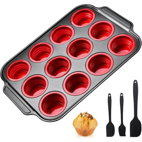 Silicone Muffin Pan, 12 Cups Collapsible Silicone Egg Bites Cupcake Pan with Metal Frame, Muffin Tins Easy to Pop Nonstick Muffin Tray with Spatula Set of 3, Oven and Dishwasher Safe EasyOptionXY LLC