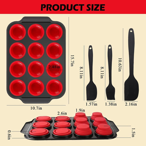 Silicone Muffin Pan, 12 Cups Collapsible Silicone Egg Bites Cupcake Pan with Metal Frame, Muffin Tins Easy to Pop Nonstick Muffin Tray with Spatula Set of 3, Oven and Dishwasher Safe EasyOptionXY LLC