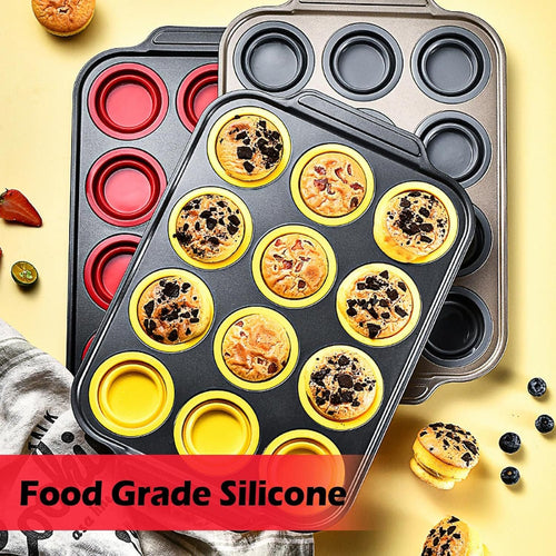 Silicone Muffin Pan, 12 Cups Collapsible Silicone Egg Bites Cupcake Pan with Metal Frame, Muffin Tins Easy to Pop Nonstick Muffin Tray with Spatula Set of 3, Oven and Dishwasher Safe EasyOptionXY LLC