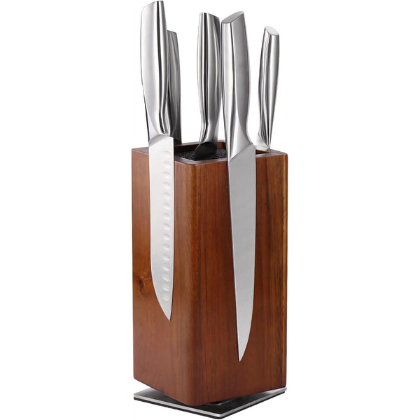 Magnetic Knife Block without Knives, 360¡ãRotatable Knife Holder With with Four Sided Magnets & Non-Slip Base, Kitchen Acacia Wood Universal Magnetic Knife Storage Rack with Bristles EasyOptionXY LLC