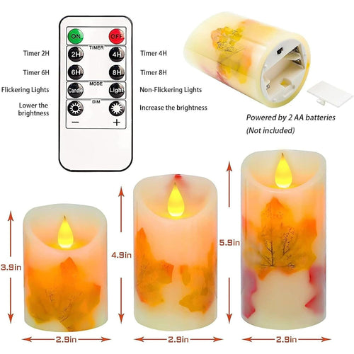 Flameless Candles Lights, Set of 3 Maple Leaf Flickering LED Candles with Remote & Timer, Dimmable LED Pillar Candles Battery Operated, Electric Candles for Thanksgiving Halloween Fall Harvest Decor EasyOptionXY LLC