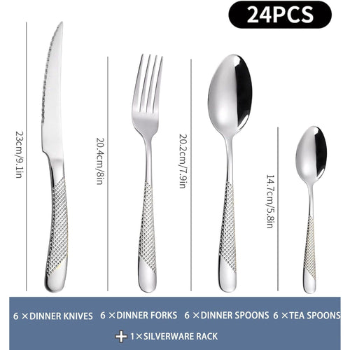 Gold Silverware Set, 24 Pieces Flatware Set with Silverware Holder, Stainless Steel Knives and Forks and Spoons Cutlery Set Service for 6, Kitchen Utensil Tableware Set with Antiskid Handle EasyOptionXY LLC