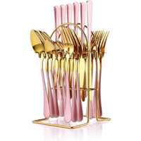 24 Pieces Flatware Set, Stainless Steel Flatware Set with Silverware Holder Spoons Forks Knives, Utensils Set Service for 6, Gold Mirror Polished and Matte Pink Painted EasyOptionXY LLC
